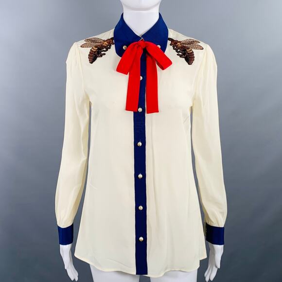 GUCCI Size 2 Cream Red Blue Silk Embellishment Pussybow Honeybees Blouse - Picture 1 of 11